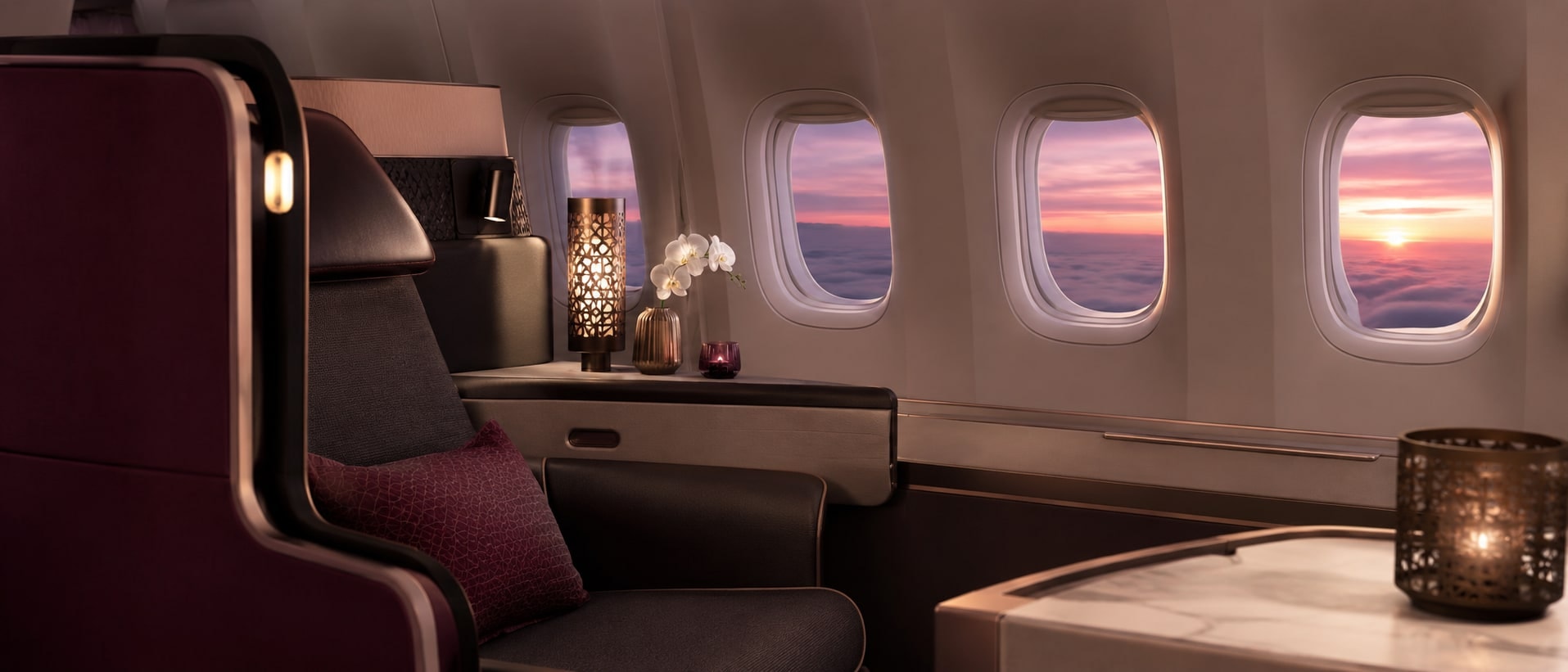 Qatar Airways Qsuite business class cabin with burgundy suite walls and sunset over clouds through the windows